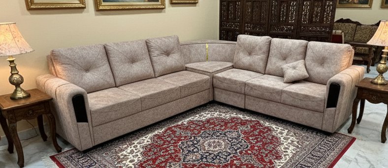 Premium Light Beige L-Shaped Fabric Sofa Set with Plush Backrest (7/8 Seater)
